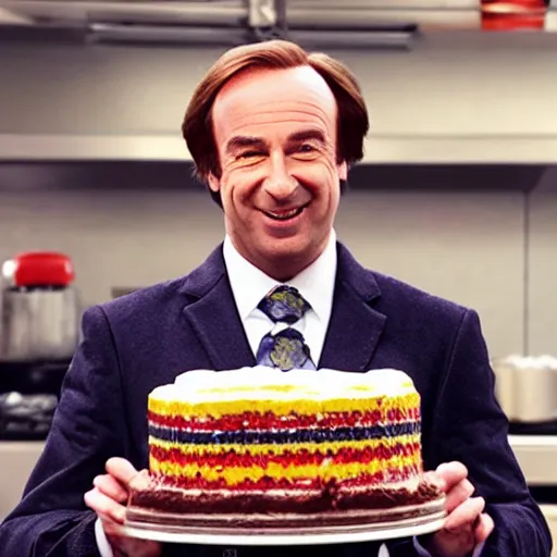 Image similar to saul goodman, smiling, holding a birthday cake