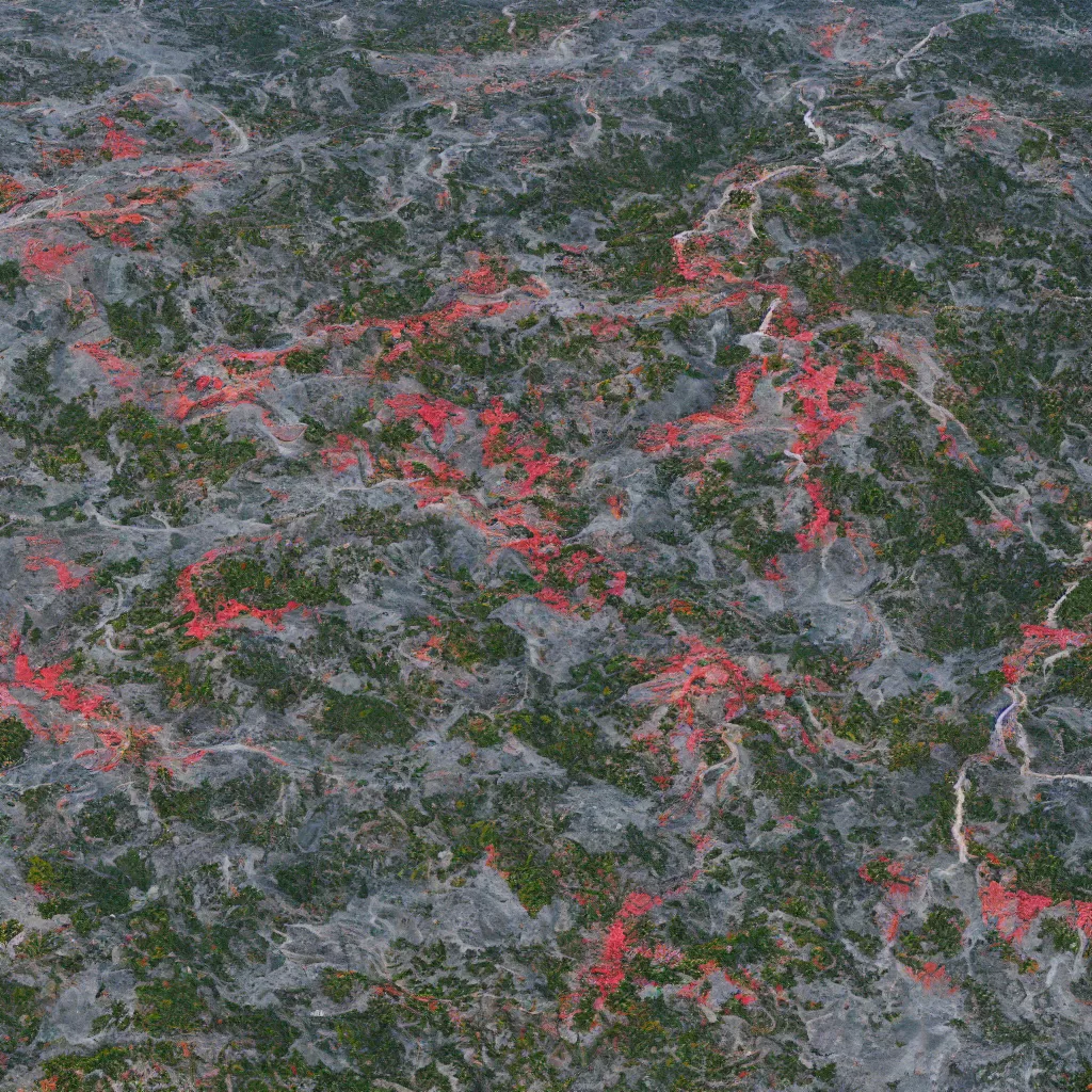 Prompt: aerial high resolution image of a territory, full of colors and rich in details, erosions, inlets, lakes, creeks, landslides, filled with a network of destroyed roads of different colors, vibrant iridescent, sky is not visible, 8K, Octane Render, cinematic, state of the art, hyperrealistic lighting, color scheme is gray red