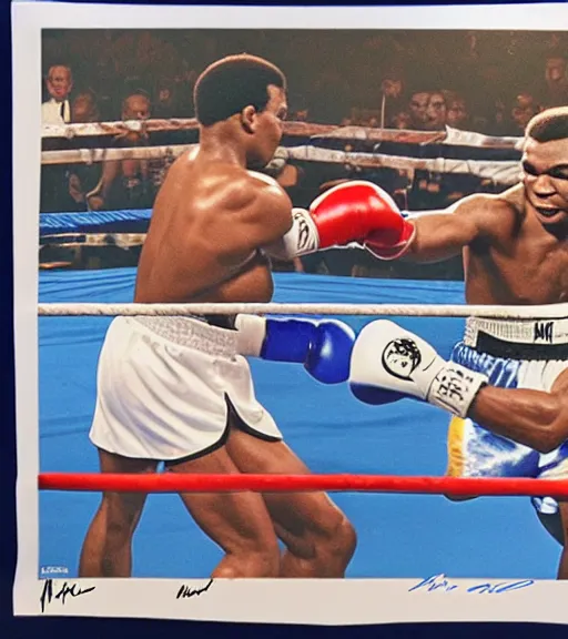 Prompt: Mike Tyson boxing Mohammed Ali round 5, autographed in blue marker in the bottom corner by mike tyson, autographed in the left corner in black ink by mohammed ali