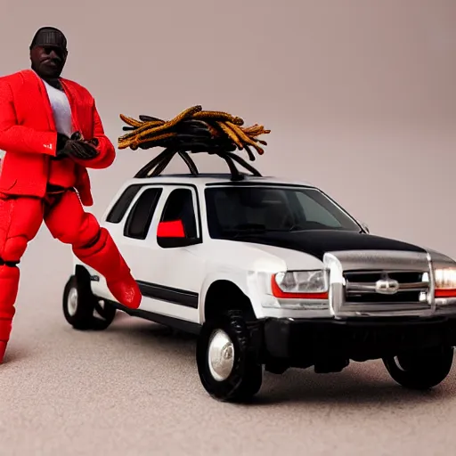 Image similar to black man action figure with dreads standing on top of a black rc pickup truck, close up photograph, white background