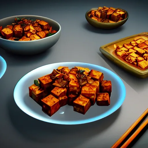 Image similar to An epic fantastic realism comic book style painting of the most beautiful mapo tofu, unreal 5, DAZ, hyperrealistic, octane render, dynamic lighting