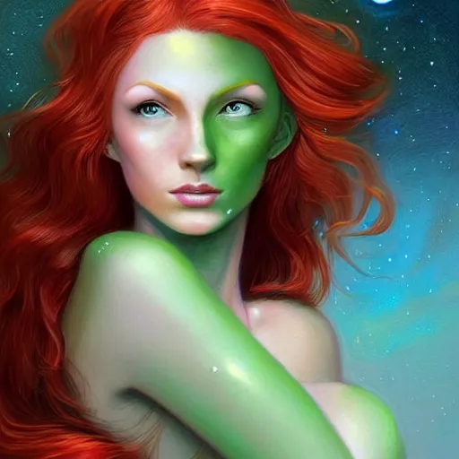 Prompt: Redhead Pleiadian alien human beautiful hybrid feminine woman, long gorgeous red hair in loose curls, with stunning green eyes, cute round face and a roundish nose, as a retrofuturistic heroine, face and body, gorgeous digital painting, artstation, concept art, smooth, sharp focus, illustration, art by artgerm and donato giancola and Joseph Christian Leyendecker, Ross Tran, WLOP
