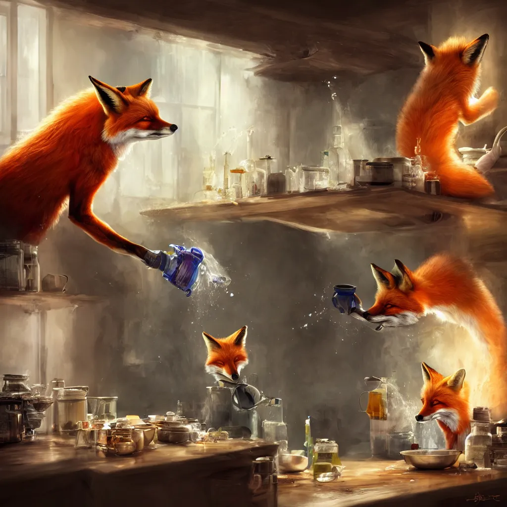 Image similar to a fox mixing chemicals in a kitchen, portrait, fantasy, beautiful face, vivid colors, elegant, concept art, sharp focus, digital art, hyper - realistic, 4 k, unreal engine, highly detailed, hd, dramatic lighting by brom, trending on artstation