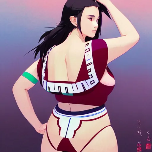 Image similar to a beautiful plus sized model japanese natalie portman, alluring plus sized model, wearing mayan leotard with elegant mayan apron overalls, street fashion hip hop style with mayan patterns, aztec street fashion, gapmoe yandere grimdark, trending on pixiv fanbox, painted by greg rutkowski makoto shinkai takashi takeuchi studio ghibli, akihiko yoshida