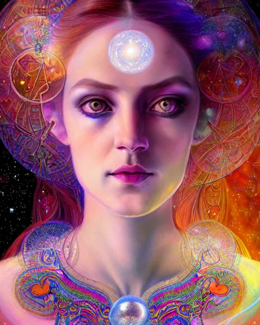 Prompt: portrait of an ethereal gypsy woman with detailed eyes, crystal ball, glowing face, in space with a half moon, photorealistic, colorful dress, in the style of ilya kuvshinov, donato giancola, holographic undertones, art nouveau zodiac galaxy background, intricate, flowing dress, smooth, sharp focus, dramatic lighting, illustration, hdr, artgerm