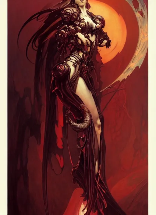 Prompt: masterpiece, infernal succubus girl concept art, stylized, doom, elegant, imperial, epic, intricate art by artgerm, alphonse mucha, h. r. giger, greg rutkowski, josan gonzalez, zdizslaw beksinski, biomechanical, crimson darkness, hellscape