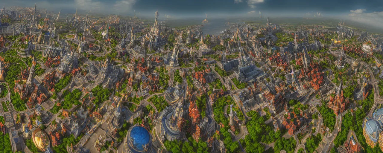 Prompt: Aerial view of Stormwind City, panorama, octane render, 8k resolution