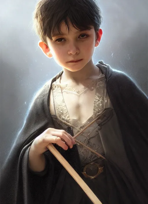 Image similar to perfectly - centered - portrait of a kid wearing black cloak holding stick, intricate, highly detailed, digital painting, artstation, concept art, smooth, sharp focus, illustration, unreal engine 5, 8 k, art by artgerm and greg rutkowski and alphonse mucha