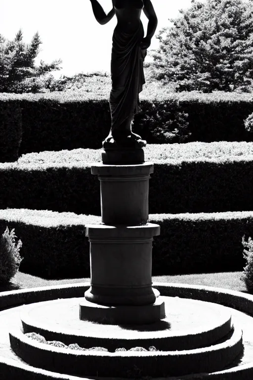 Image similar to A black and white garden with a red statue