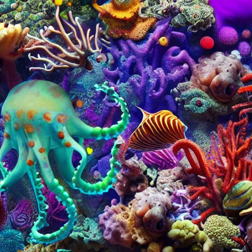 Image similar to a group of cephalopod - like alien creatures swim through a vividly colorful complex diverse bright dense coral reef in the ocean of an alien world, coral, coral reef, sealife, alien oceans, alien worlds, 4 k resolution, ultra realistic, hyperdetailed, photorealism, trending on artstation