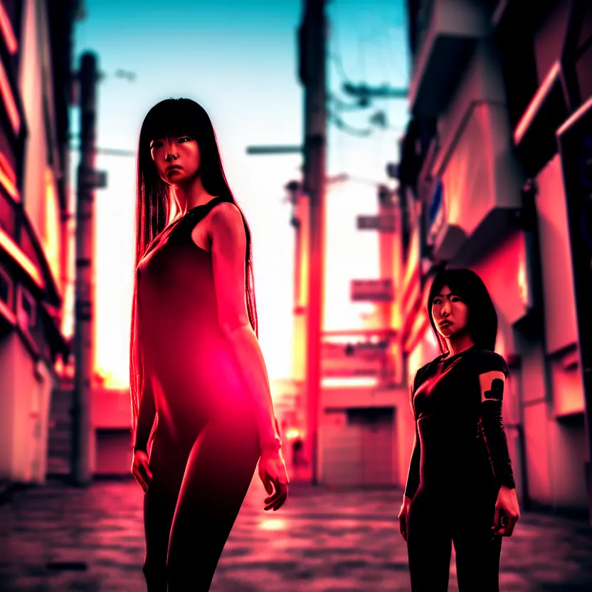 Image similar to a photo close up cyberpunk action pose woman standing in a cyberpunk hiroshima, prefecture streets, sunset, photorealistic, cinematic lighting, highly detailed, bokeh, style by tomino - sama