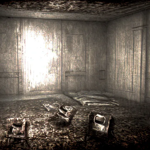 Image similar to interior of a room from silent hill, creepy, hellish, dark, body amalgam