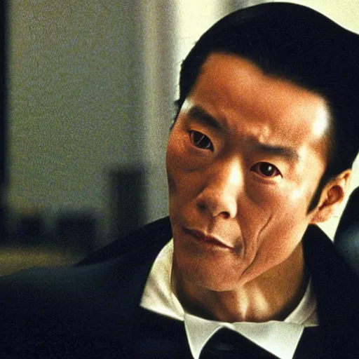 Prompt: a film still of kosaku kawajiri in American Psycho(2000)