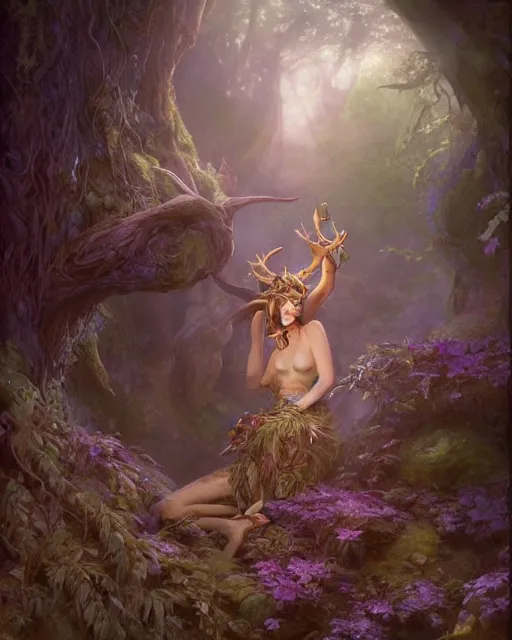 Image similar to dryad, stern like athena, a singer, portrait, swooning with forest creatures, studio lighting by jessica rossier and brian froud and gaston bussiere