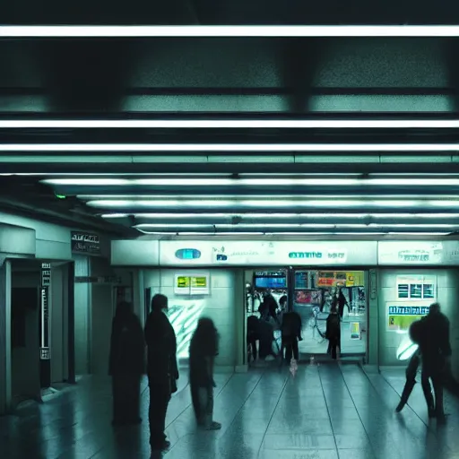 Image similar to Futuristic subway station in Japan, neon signs on walls advertising food and electronics, trash piles in corners, flickering fluorescent bulbs overhead, pools of water on cracked tile floor, cyber beggars, night, digital art, trending on artstation, realistic