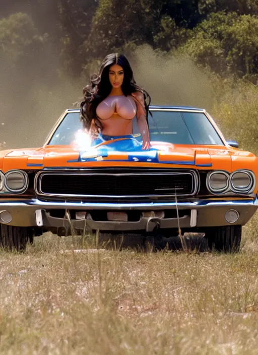 Prompt: film still of kim kardashian as daisy duke in the tv show dukes of hazzard, general lee charger, 4k.