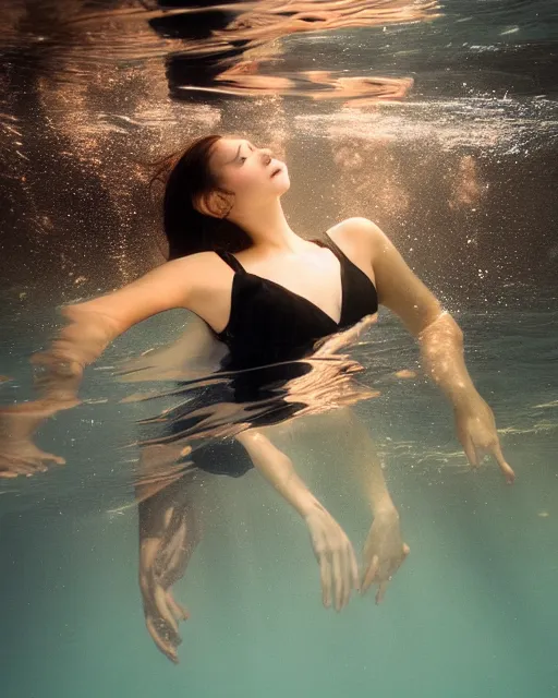 Image similar to a portrait photo of a beautiful young woman floating underwater with reflections, serene and beautiful, dark background, single top lighting