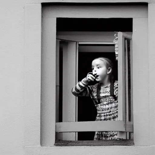 Prompt: a little girl with pigtails smoking a joint out of her rooms window, photography