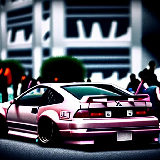 Image similar to a car 300ZX turbo drift at illegal car meet, Shibuya prefecture, midnight mist lights, cinematic color, photorealistic, highly detailed wheels, highly detailed