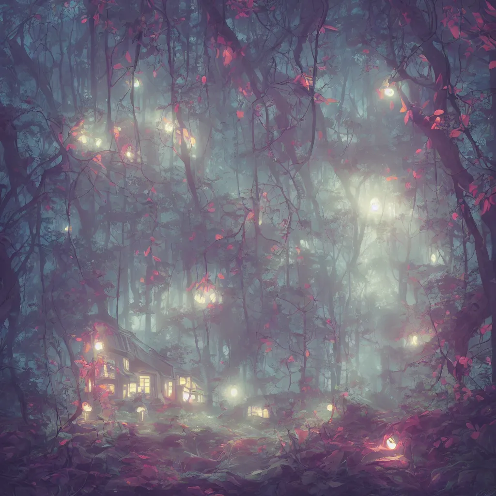 Prompt: the house in the forest, dark night, leaves in the air, fluorescent mushrooms, animals, gibli, atey ghailan, lois van baarle, jesper ejsing, ernst haeckel, pop art patterns, exquisite lighting, clear focus, very coherent, very detailed, contrast, vibrant, digital painting