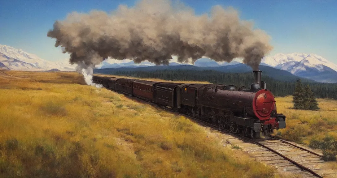 Prompt: a steam train in the distance, rocky mountains!, smoke in the distance!, beautiful, by norman wilson, oil painting, valley!