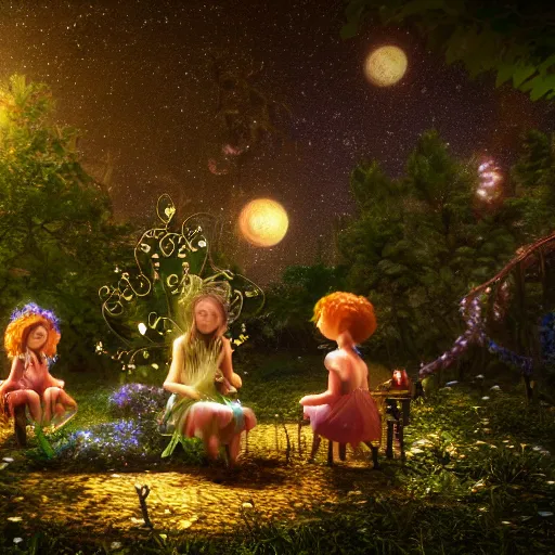 Image similar to fairies meeting in enchanted forest, starry night, art station inspired, octane render, 8 k, - hd