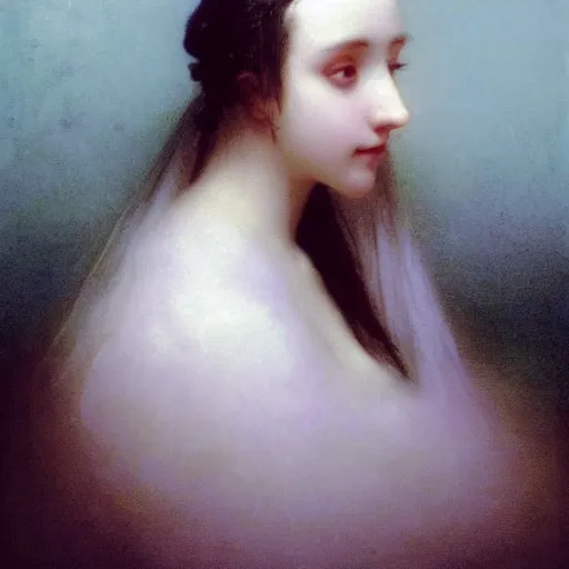 Prompt: a young woman’s face, her hair is white, her eyes are covered with a long flowing blue satin veil, by ivan aivazovsky and and paul delaroche and alma tadema and and willen claesz heda and aelbert cuyp and gerard ter borch, hyperrealistic, rendered in octane