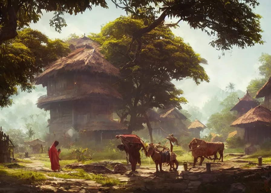 Image similar to kerala village, sharp focus, wide shot, trending on ArtStation, masterpiece, by Greg Rutkowski, by Ross Tran, by Fenghua Zhong, octane, soft render, oil on canvas, colorful, cinematic, environmental concept art