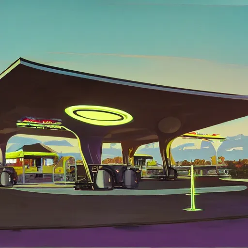 Prompt: painting of syd mead artlilery scifi organic shaped gas station with ornate metal work lands on a farm, fossil ornaments, volumetric lights, purple sun, artgerm