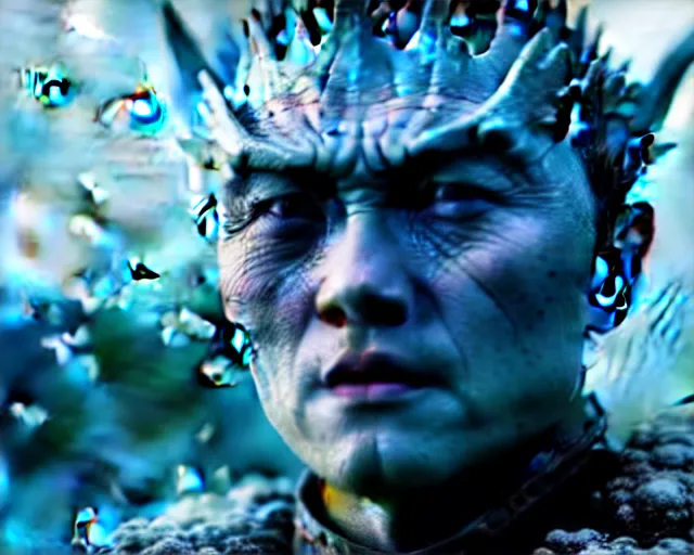 Image similar to justin sun as night king in game of thrones attacked by huge bee army, 4 k, epic, cinematic, focus, movie still, fantasy, extreme detail, atmospheric, dark colour, sharp focus