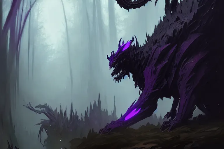 Prompt: concept art of a dispacer beast, d & d creature, by greg rutkowski and alphonse mucha, gradient black to purple, monoliths in a dark forest background, highly detailed, digital painting, artstation, concept art, smooth, sharp focus illustration, artstation hq