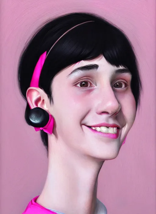 Image similar to portrait of teenage girl, realistic, black hair, bangs, half updo hairstyle, pointy nose, skinny, smile, ugly, defined jawline, big chin, pink hair bow, earrings, intricate, elegant, glowing lights, highly detailed, digital painting, artstation, sharp focus, illustration, art by wlop, mars ravelo and greg rutkowski