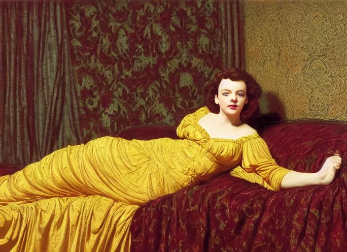 Image similar to portrait of judy garland reclining on bed, wearing yellow ochre ornate medieval dress, preraphaelite colour photography by frederic leighton, william morris, 8 k