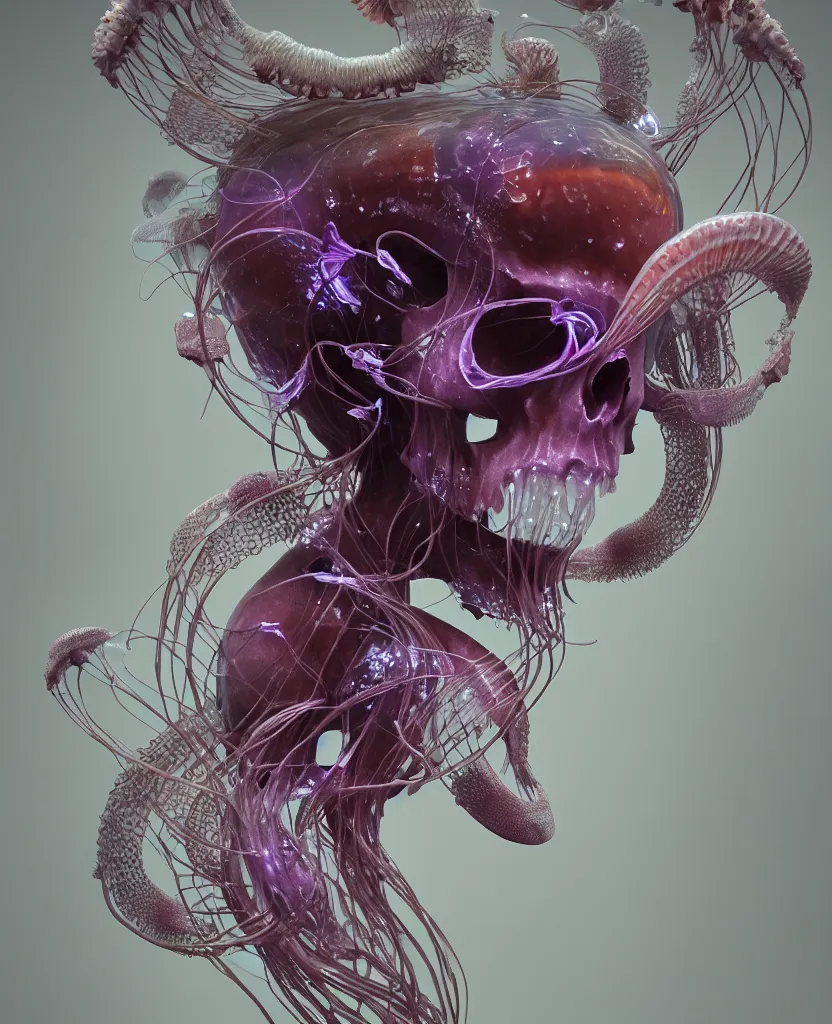 Image similar to goddess close-up portrait animal skull. jellyfish phoenix head, nautilus, orchid, skull, betta fish, bioluminiscent creatures, intricate artwork by Tooth Wu and wlop and beeple. octane render, trending on artstation, greg rutkowski very coherent symmetrical artwork. cinematic, hyper realism, high detail, octane render, 8k