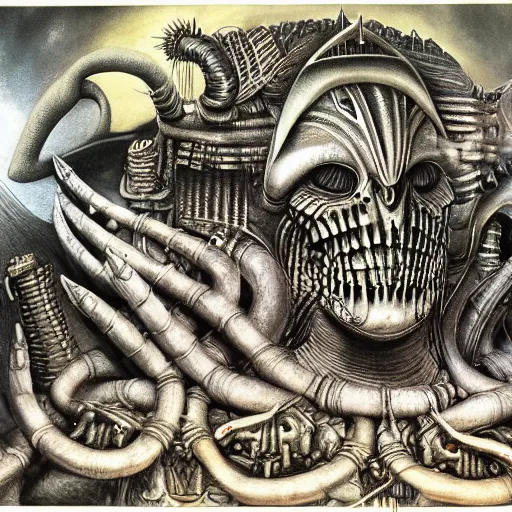 Prompt: battle between gods of all religions, airbrush painting by hr giger, illustration, intricate detail, award winning work,