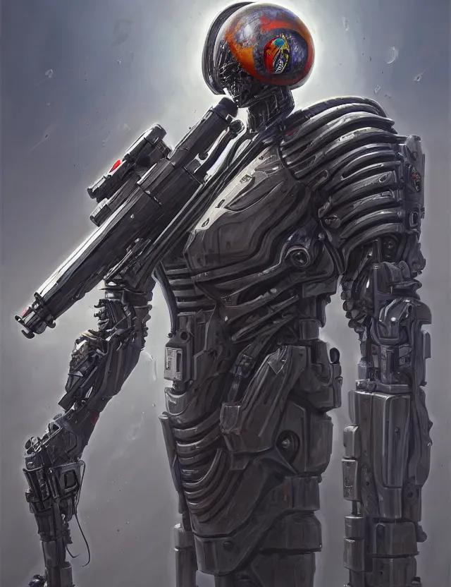 Image similar to a portrait of a tactical exoskeleton with miniguns painted with the pepsi logo, by moebius and tyler edlin and hr giger, trending on artstation, digital art, 4 k resolution, detailed, high quality, sharp focus, hq artwork, coherent, insane detail, concept art