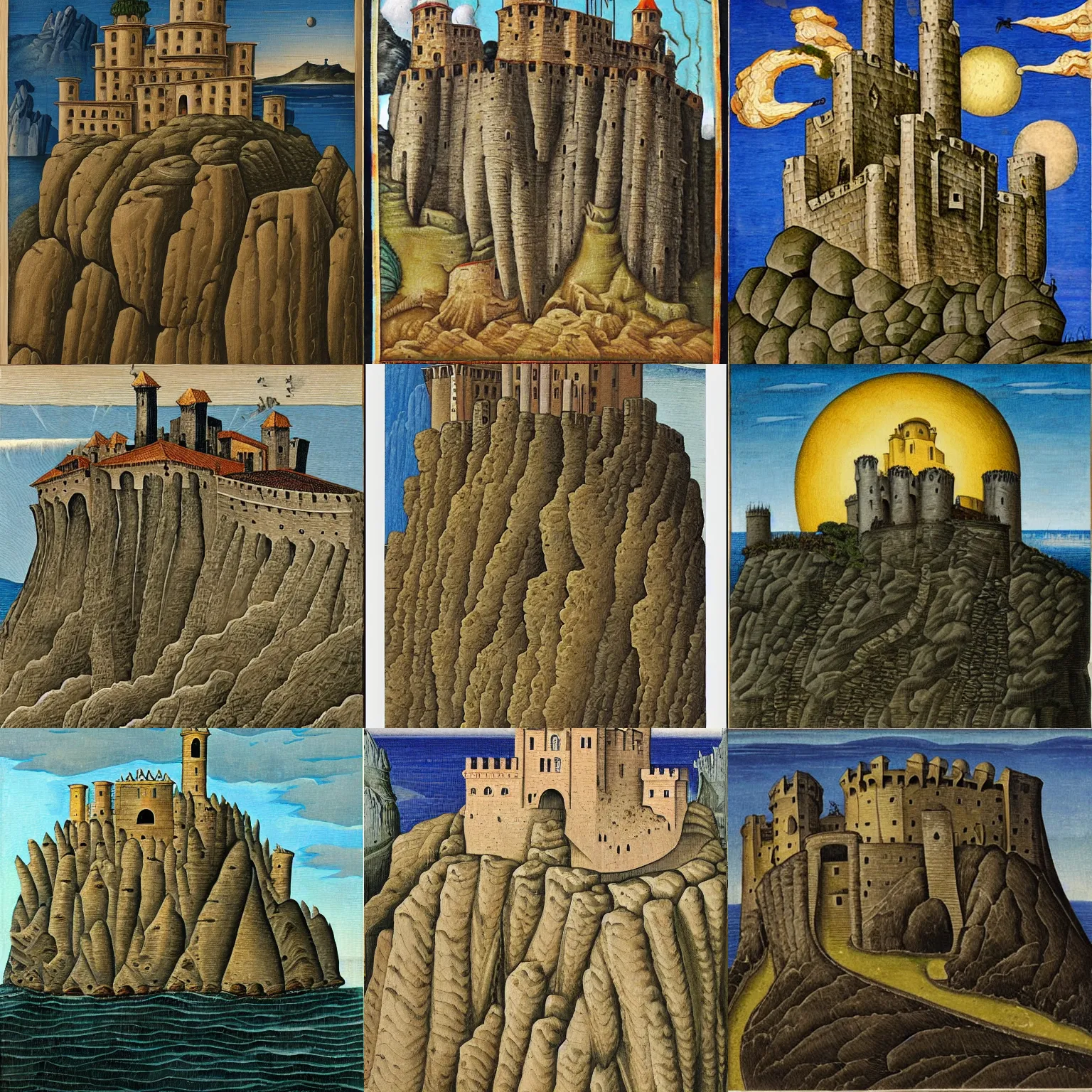 Prompt: a fortress on a steep rock in the ocean, fortress of evil mage, evil looking fortress, by crivelli, carlo