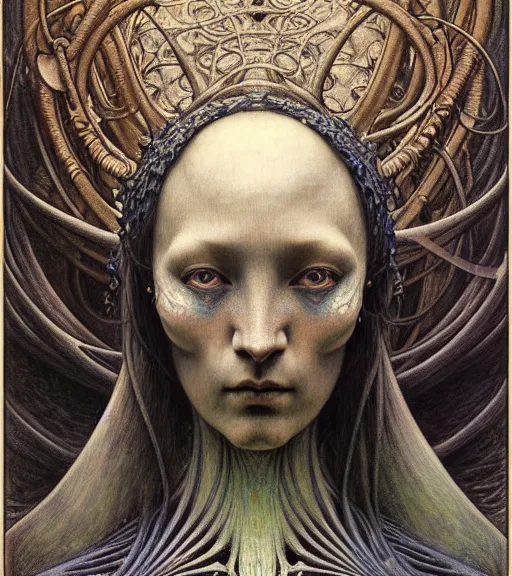 Image similar to detailed realistic beautiful young medieval alien robot grimez face portrait by jean delville, gustave dore and marco mazzoni, art nouveau, symbolist, visionary, gothic, pre - raphaelite. horizontal symmetry by zdzisław beksinski, iris van herpen, raymond swanland and alphonse mucha. highly detailed, hyper - real, beautiful