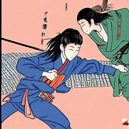 Prompt: Japanese schoolgirl runs away from Samurai with a katana on the subway by Toshio Saeki