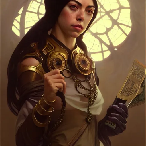 Image similar to cyber monk aubrey plaza, fantasy, d & d, intricate, detailed, by by alphonse mucha, adolfo hohenstein, alice russell glenny, stanley artgerm lau, greg rutkowski, detailed, trending on artstation, trending on artstation, smooth