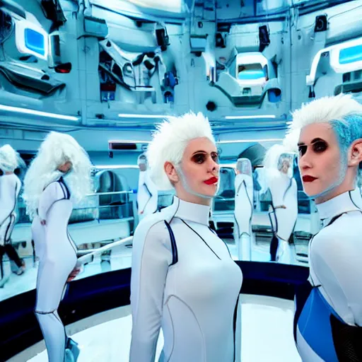 Prompt: troop of freak show women with white hair, white hair, tight light blue neopren suits, futuristic production facility, sci - fi, highly detailed, cinematic