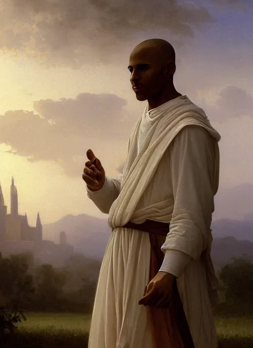 Image similar to oil painting portrait of a handsome young tonsured dominican monk in a white and brown habit, striding dancing through a flourishing garden at sunset with a monastery in the background, hazy, digital art, chiaroscuro, artstation, cinematic, golden hour, digital art painting by greg rutkowski, william - adolphe bouguereau, hazy atmosphere, flowers, cinematic lighting