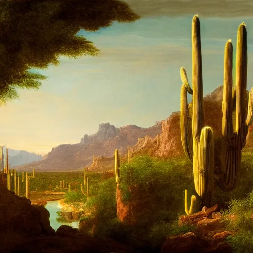 Image similar to A grand scale painting of a desert landscape with saguaro cacti and the Rio grande river, In the style of Thomas Cole, Ultra detailed, 4k resolution,