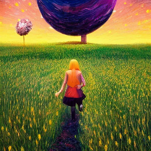 Image similar to giant daisy flower as a head, girl walking in wheat field, hills, surreal photography, moon light, dark night, star trails, dramatic light, impressionist painting, clouds, digital painting, artstation, simon stalenhag