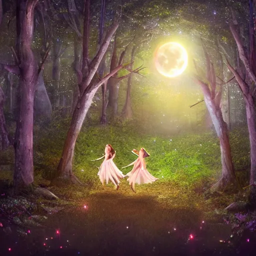 Prompt: Fairies dancing in the woods by full moon, realistic photo, surreal, beautiful, extremely detailed, trending on art station