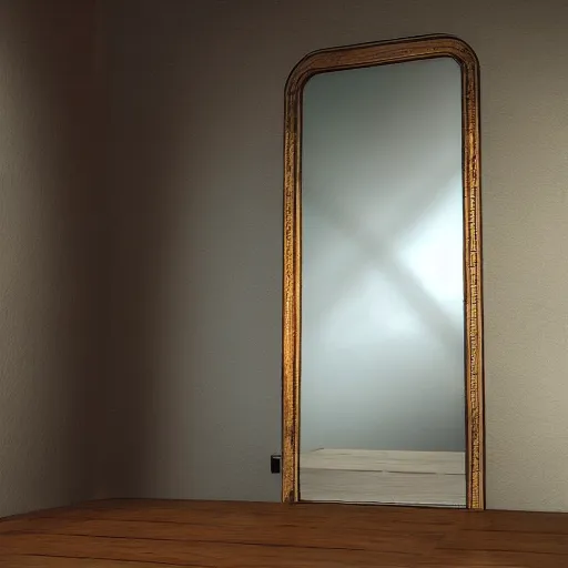 Image similar to a mirror but in the reflection is a fantasy world, dynamic lighting, photorealistic, ambient lighting