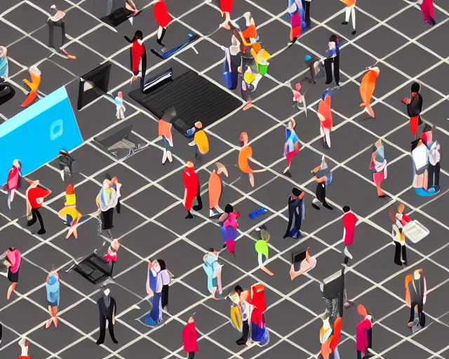 Image similar to A crowd of miniature professional people standing on a computer, isometric, highly detailed, whimsical, 4k