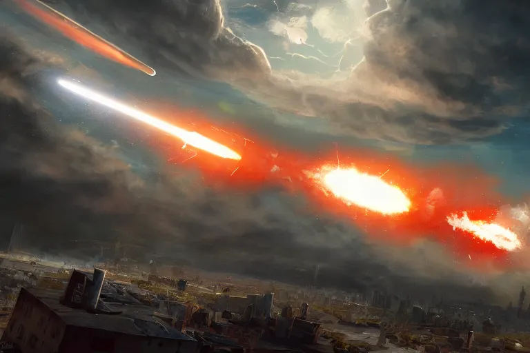 Image similar to an intercontinental ballistic missile exploding mid - air above a huge town, concept art, digital painting, trending on artstation, deviantart, highly detailed, perfect composition, dramatic lighting, sharp focus, 8 k uhd