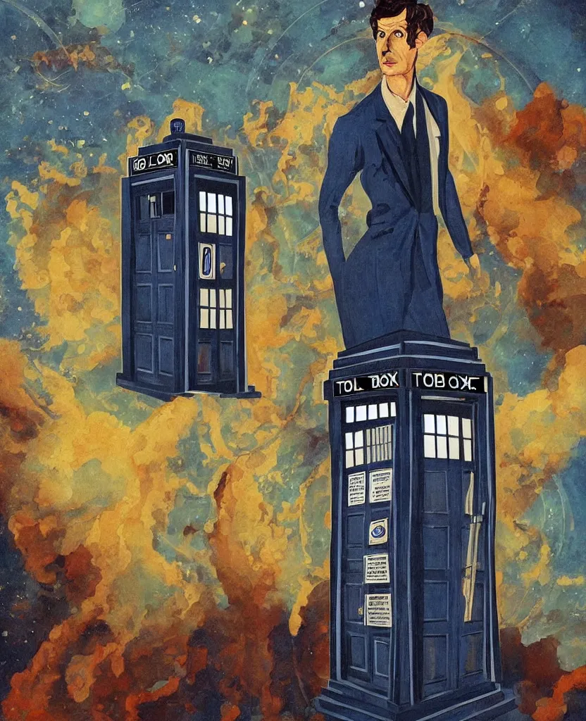 Prompt: the doctor and the TARDIS in an art deco painting style