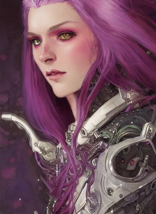 Image similar to close up portrait vampire with purple hair in sci - fi bionic armor, highly detailed, very intricate, art nouveau, red filigree, romantic storybook fantasy, soft cinematic lighting, award - winning, disney concept art watercolor illustration by mandy jurgens and alphonse mucha and alena aenami, pastel color palette, featured on artstation